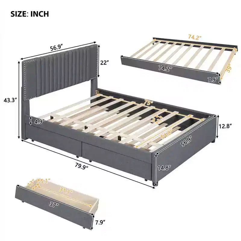 Cadre de lit plateforme en bois rembourré Queen/Full avec 2 tiroirs et 1 lit gigogne simple/simple XL Beige/Gris, 4L - ModernLuxe