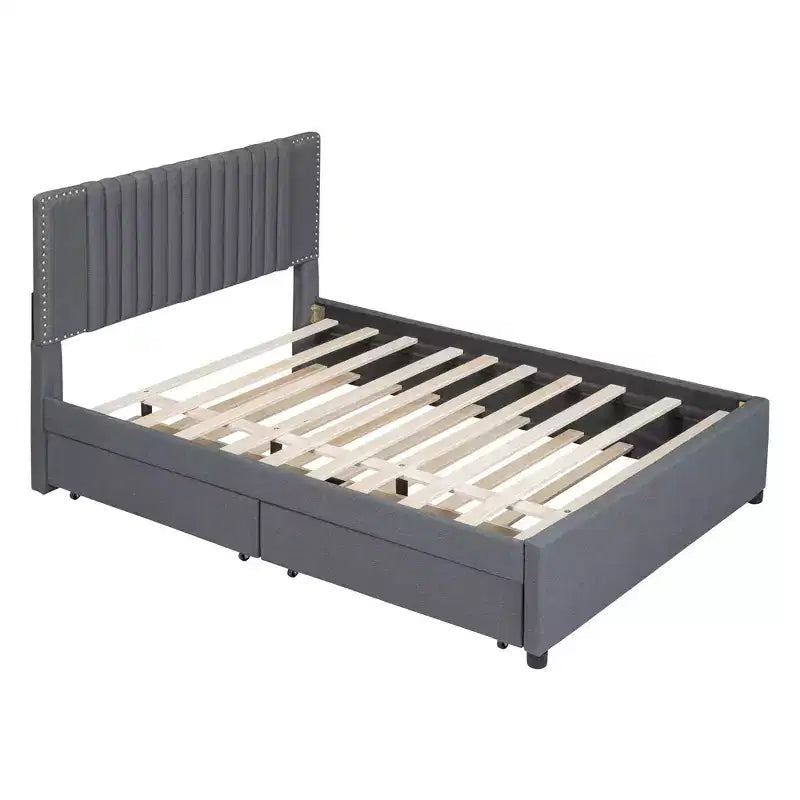 Cadre de lit plateforme en bois rembourré Queen/Full avec 2 tiroirs et 1 lit gigogne simple/simple XL Beige/Gris, 4L - ModernLuxe