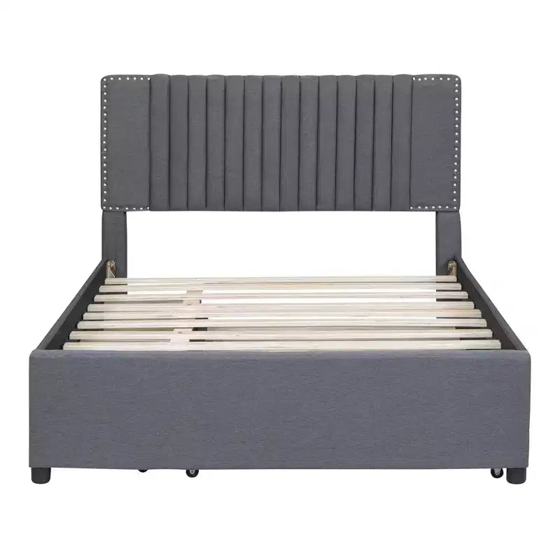 Cadre de lit plateforme en bois rembourré Queen/Full avec 2 tiroirs et 1 lit gigogne simple/simple XL Beige/Gris, 4L - ModernLuxe