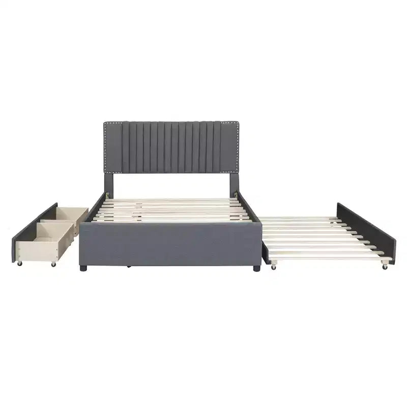 Cadre de lit plateforme en bois rembourré Queen/Full avec 2 tiroirs et 1 lit gigogne simple/simple XL Beige/Gris, 4L - ModernLuxe