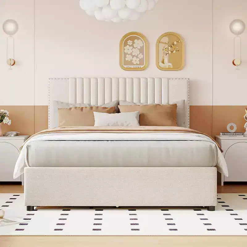 Cadre de lit plateforme en bois rembourré Queen/Full avec 2 tiroirs et 1 lit gigogne simple/simple XL Beige/Gris, 4L - ModernLuxe