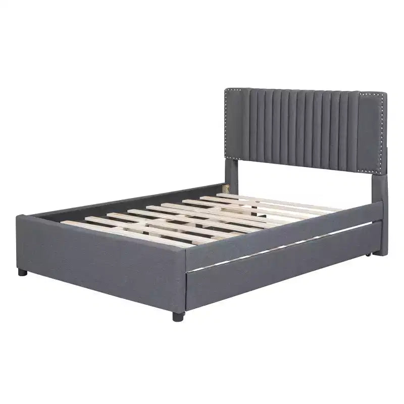 Cadre de lit plateforme en bois rembourré Queen/Full avec 2 tiroirs et 1 lit gigogne simple/simple XL Beige/Gris, 4L - ModernLuxe