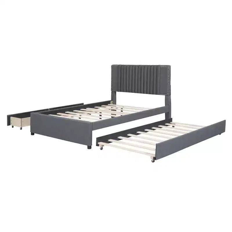 Cadre de lit plateforme en bois rembourré Queen/Full avec 2 tiroirs et 1 lit gigogne simple/simple XL Beige/Gris, 4L - ModernLuxe
