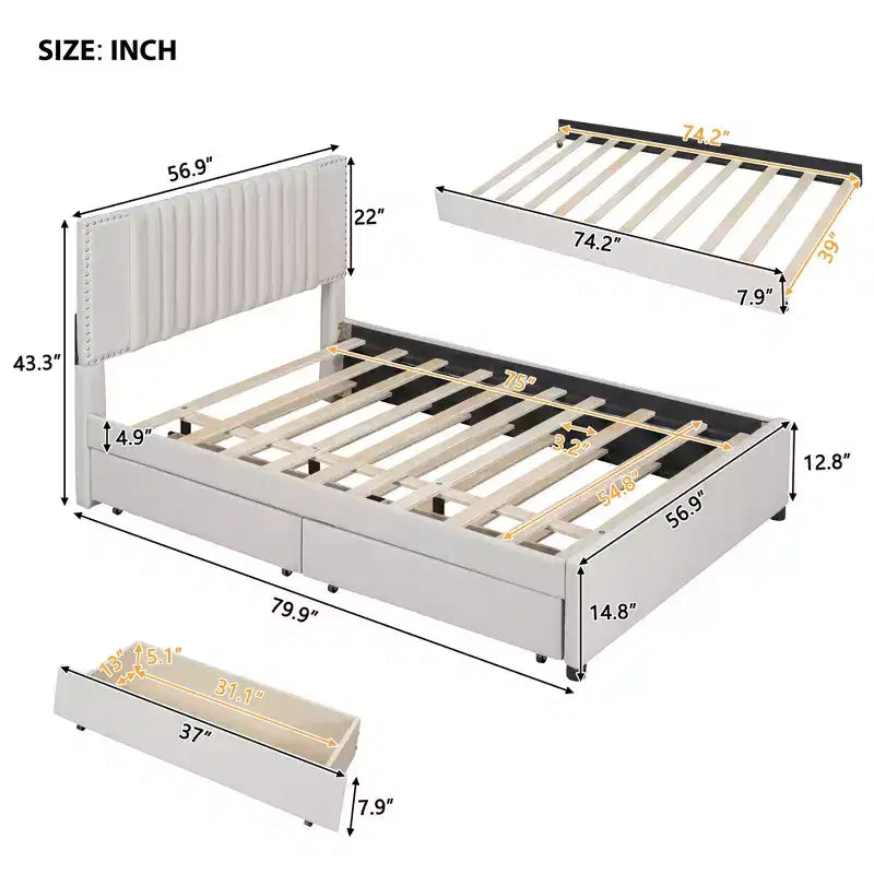 Cadre de lit plateforme en bois rembourré Queen/Full avec 2 tiroirs et 1 lit gigogne simple/simple XL Beige/Gris, 4L - ModernLuxe