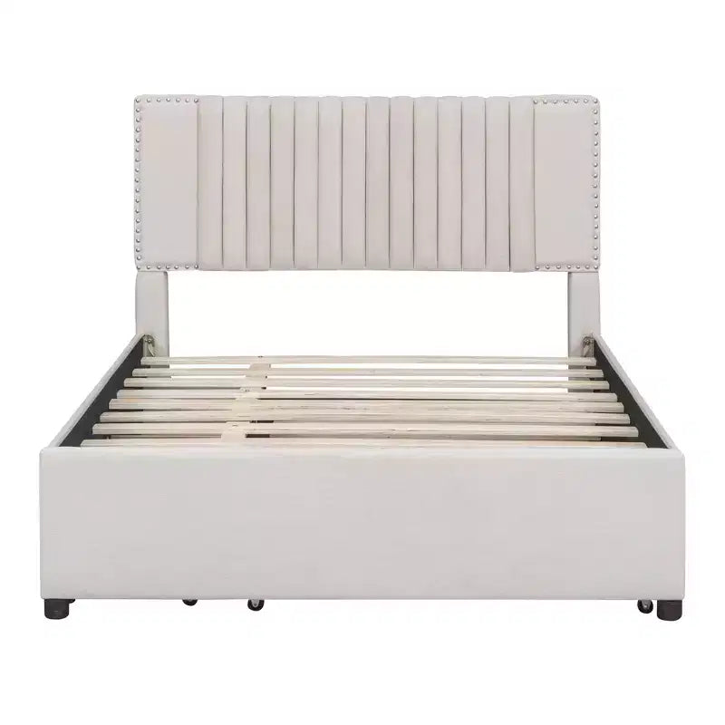 Cadre de lit plateforme en bois rembourré Queen/Full avec 2 tiroirs et 1 lit gigogne simple/simple XL Beige/Gris, 4L - ModernLuxe