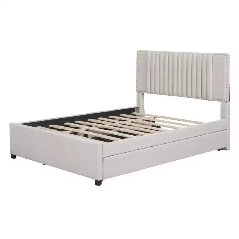 Cadre de lit plateforme en bois rembourré Queen/Full avec 2 tiroirs et 1 lit gigogne simple/simple XL Beige/Gris, 4L - ModernLuxe