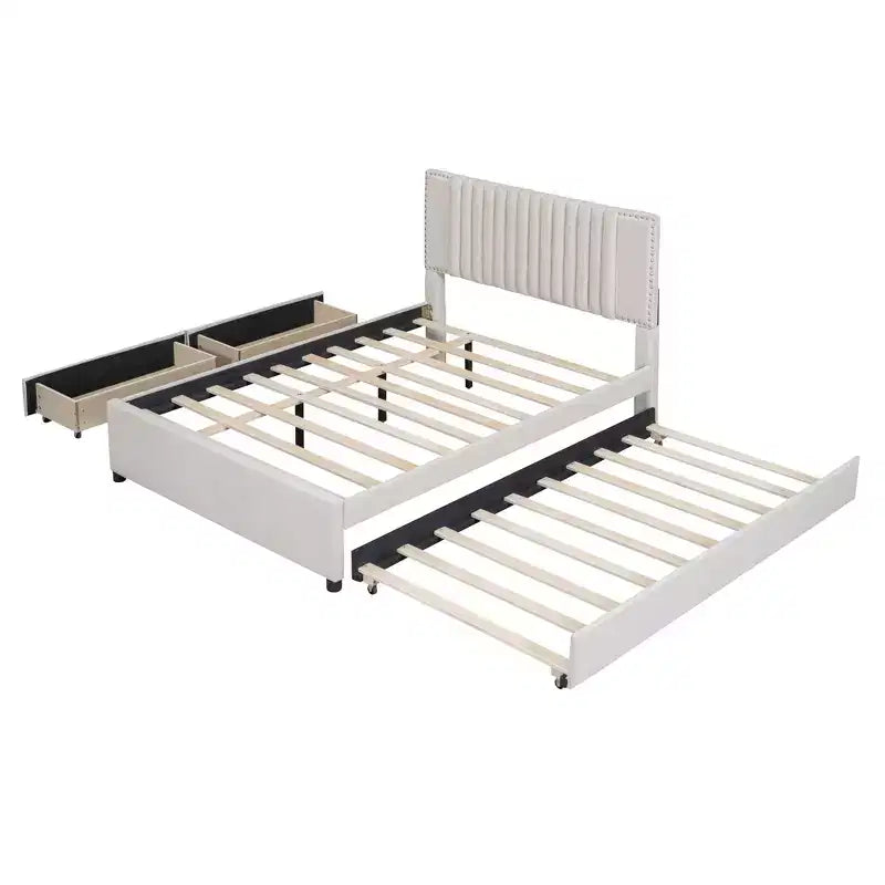 Cadre de lit plateforme en bois rembourré Queen/Full avec 2 tiroirs et 1 lit gigogne simple/simple XL Beige/Gris, 4L - ModernLuxe