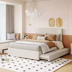 Queen/Full Size Wooden Upholstered Platform Bed Frame with 2 Drawers and 1 Twin/Twin XL Trundle Beige/Gray, 4L -ModernLuxe