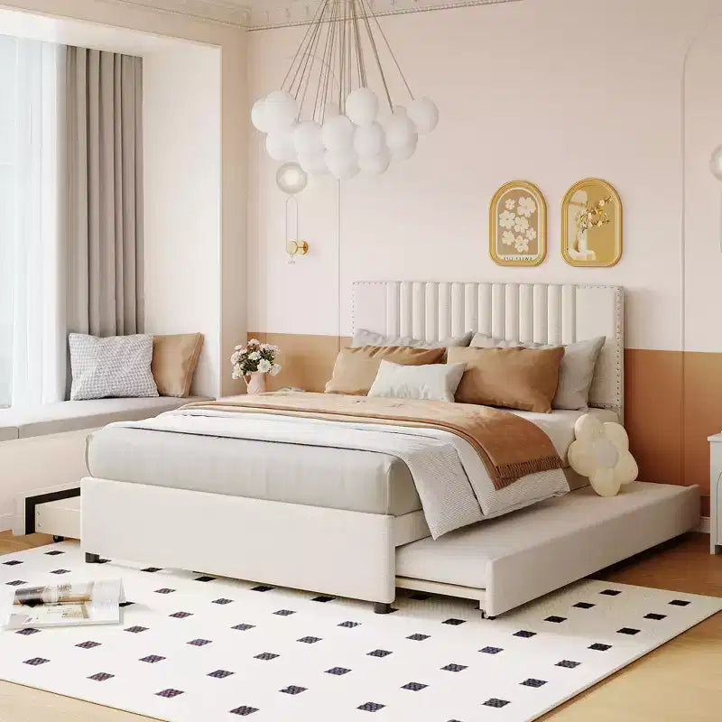 Queen/Full Size Wooden Upholstered Platform Bed Frame with 2 Drawers and 1 Twin/Twin XL Trundle Beige/Gray, 4L -ModernLuxe