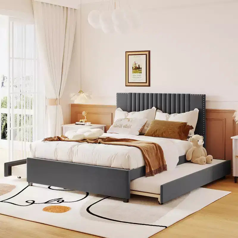 Cadre de lit plateforme en bois rembourré Queen/Full avec 2 tiroirs et 1 lit gigogne simple/simple XL Beige/Gris, 4L - ModernLuxe