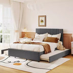 Cadre de lit plateforme en bois rembourré Queen/Full avec 2 tiroirs et 1 lit gigogne simple/simple XL Beige/Gris, 4L - ModernLuxe