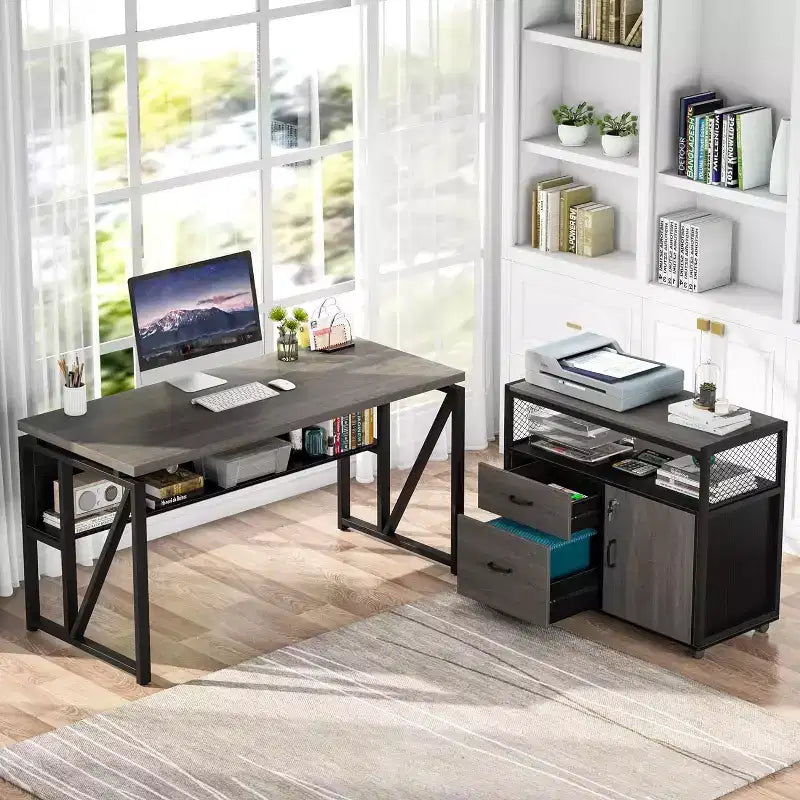 Bureau d'angle Lantine de 55 pouces avec tiroir et caisson, bureau d'ordinateur de direction pour bureau à domicile