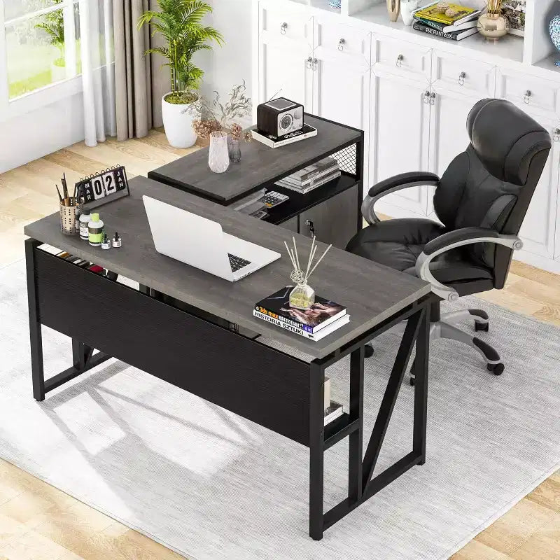 Bureau d'angle Lantine de 55 pouces avec tiroir et caisson, bureau d'ordinateur de direction pour bureau à domicile
