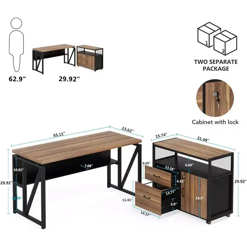 Bureau d'angle Lantine de 55 pouces avec tiroir et caisson, bureau d'ordinateur de direction pour bureau à domicile