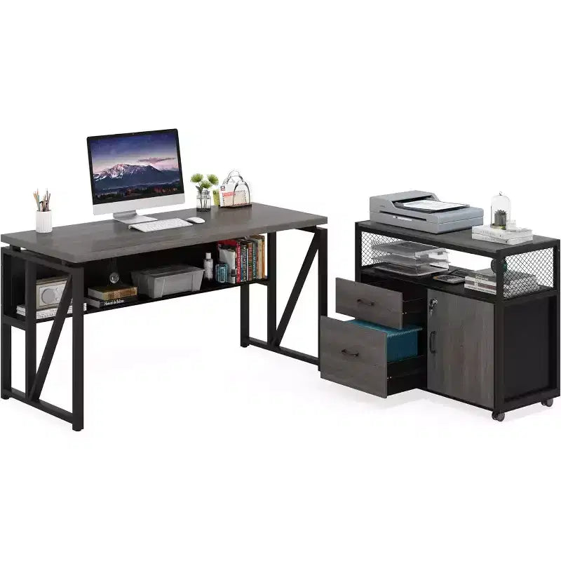 Bureau d'angle Lantine de 55 pouces avec tiroir et caisson, bureau d'ordinateur de direction pour bureau à domicile