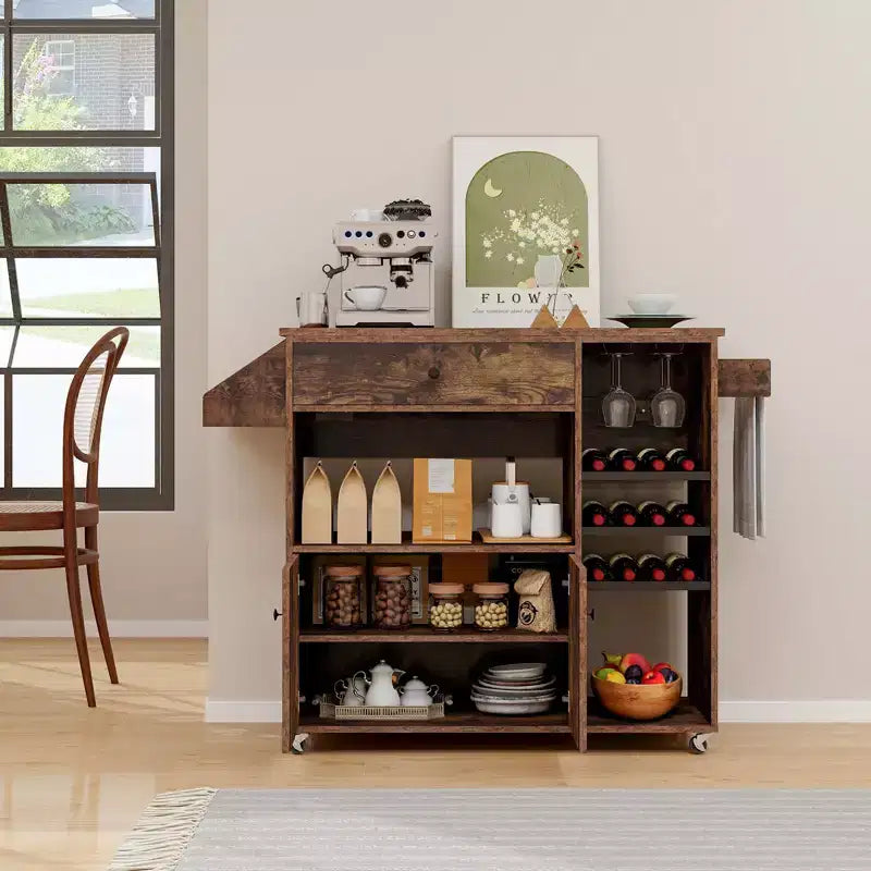 Costway Drop Leaf Kitchen Island Cart with Power Outlet Mobile Buffet Storage Cart with Microwave Shelf