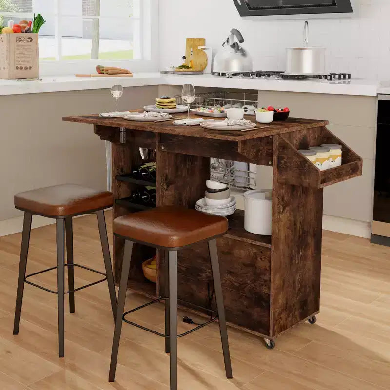 Costway Drop Leaf Kitchen Island Cart with Power Outlet Mobile Buffet Storage Cart with Microwave Shelf