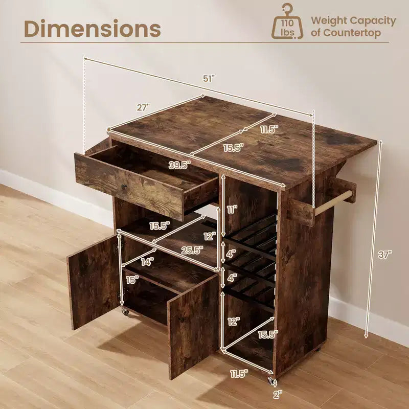Costway Drop Leaf Kitchen Island Cart with Power Outlet Mobile Buffet Storage Cart with Microwave Shelf