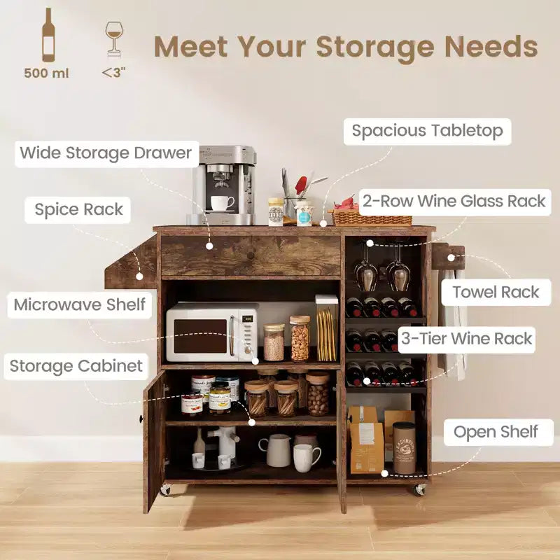 Costway Drop Leaf Kitchen Island Cart with Power Outlet Mobile Buffet Storage Cart with Microwave Shelf