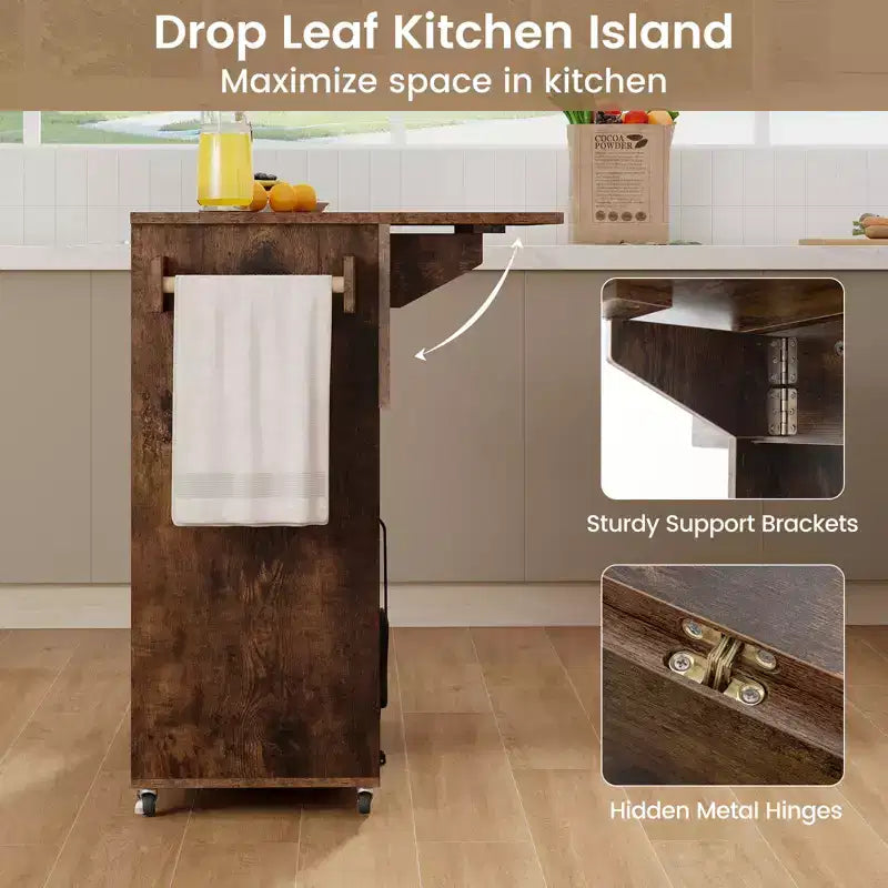 Costway Drop Leaf Kitchen Island Cart with Power Outlet Mobile Buffet Storage Cart with Microwave Shelf