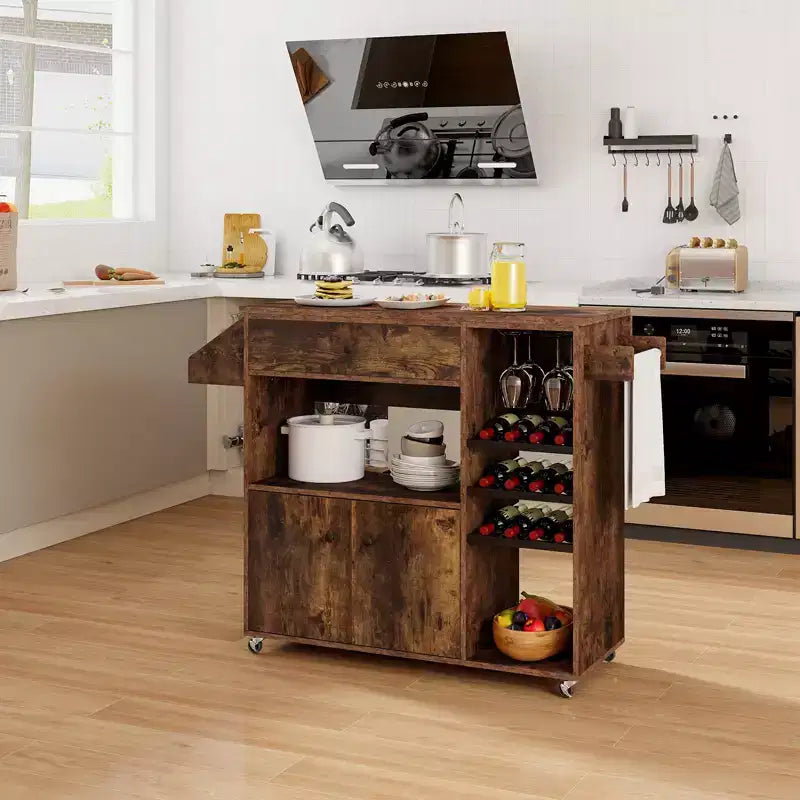 Costway Drop Leaf Kitchen Island Cart with Power Outlet Mobile Buffet Storage Cart with Microwave Shelf