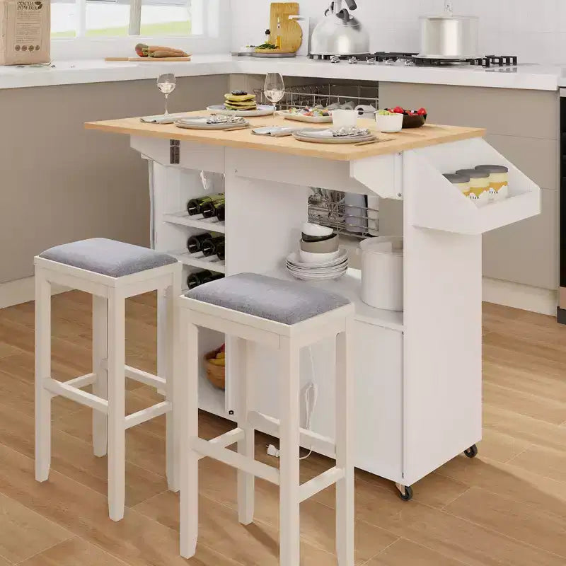 Costway Drop Leaf Kitchen Island Cart with Power Outlet Mobile Buffet Storage Cart with Microwave Shelf