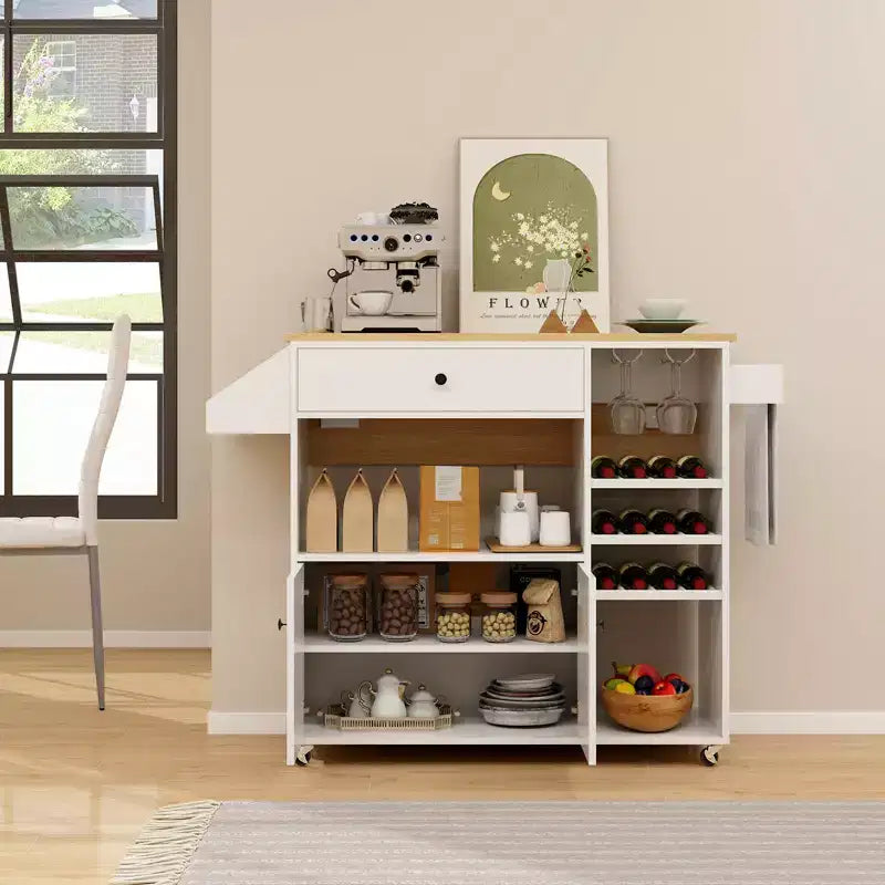 Costway Drop Leaf Kitchen Island Cart with Power Outlet Mobile Buffet Storage Cart with Microwave Shelf