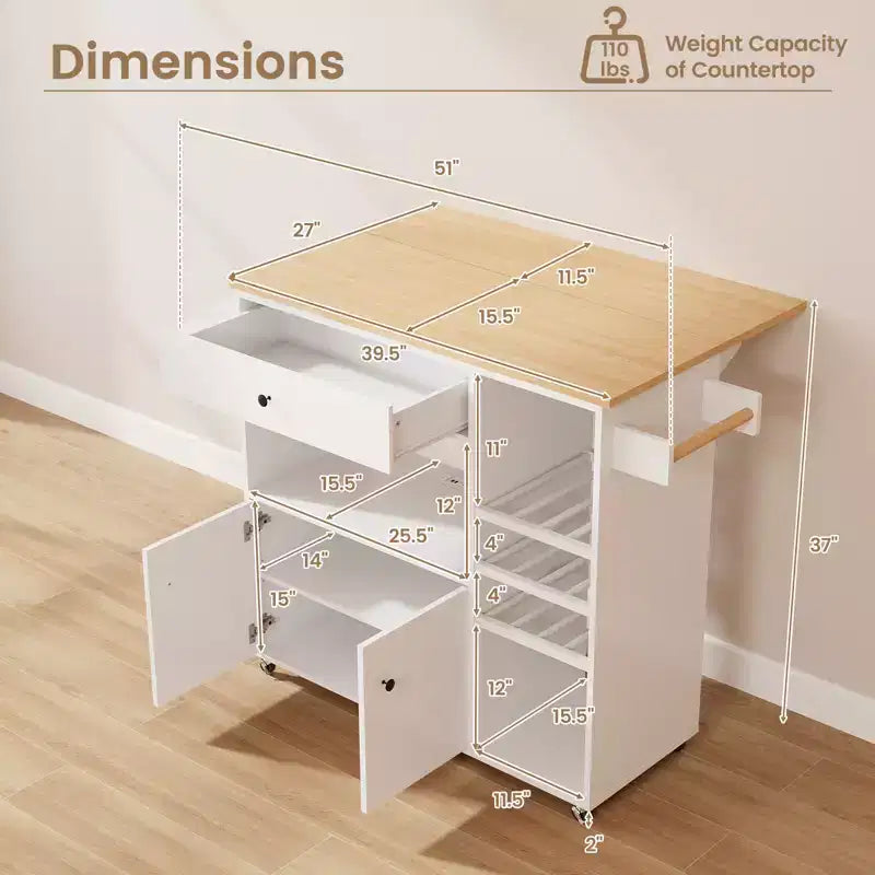 Costway Drop Leaf Kitchen Island Cart with Power Outlet Mobile Buffet Storage Cart with Microwave Shelf