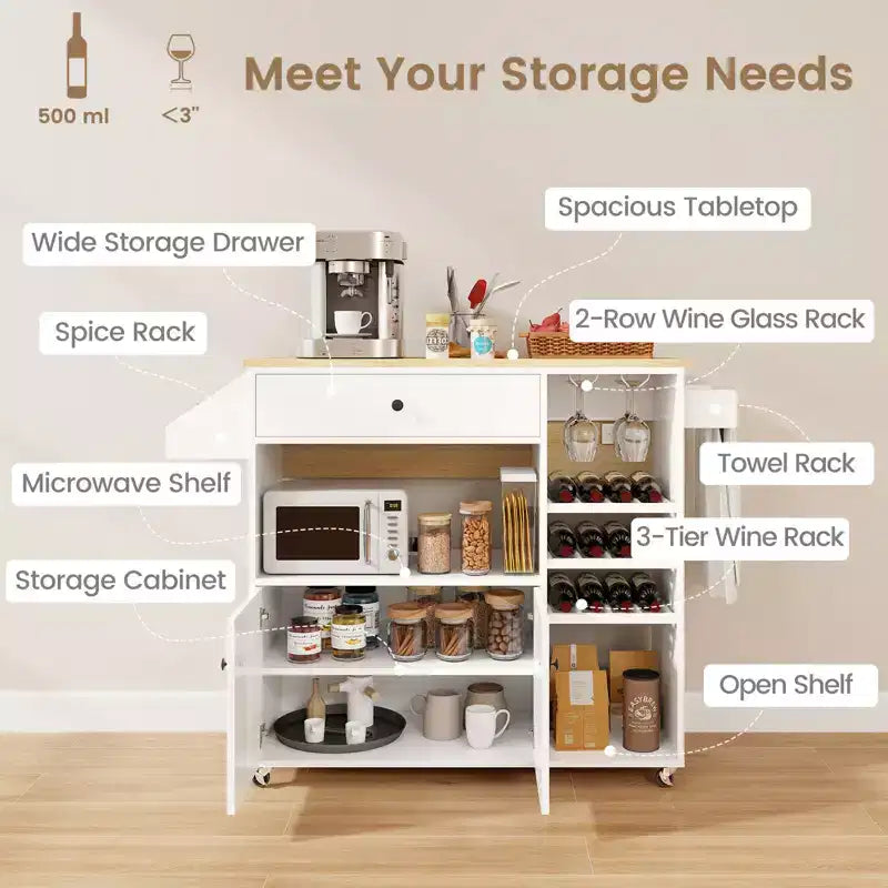 Costway Drop Leaf Kitchen Island Cart with Power Outlet Mobile Buffet Storage Cart with Microwave Shelf