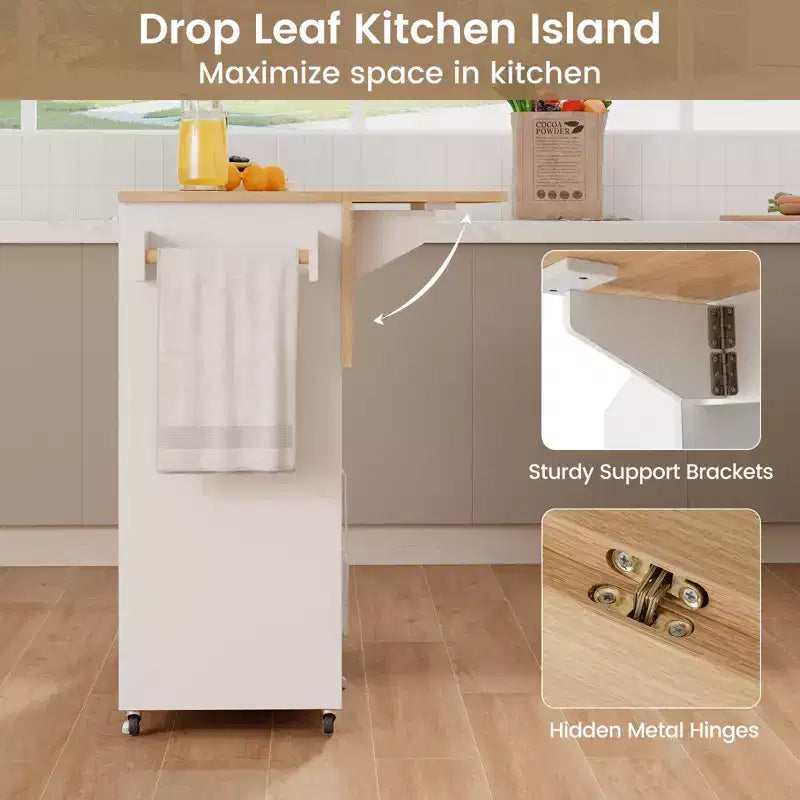 Costway Drop Leaf Kitchen Island Cart with Power Outlet Mobile Buffet Storage Cart with Microwave Shelf