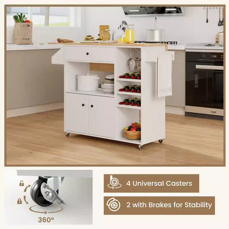 Costway Drop Leaf Kitchen Island Cart with Power Outlet Mobile Buffet Storage Cart with Microwave Shelf