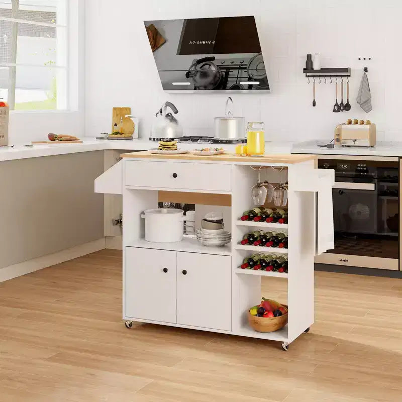 Costway Drop Leaf Kitchen Island Cart with Power Outlet Mobile Buffet Storage Cart with Microwave Shelf