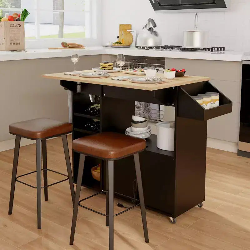 Costway Drop Leaf Kitchen Island Cart with Power Outlet Mobile Buffet Storage Cart with Microwave Shelf