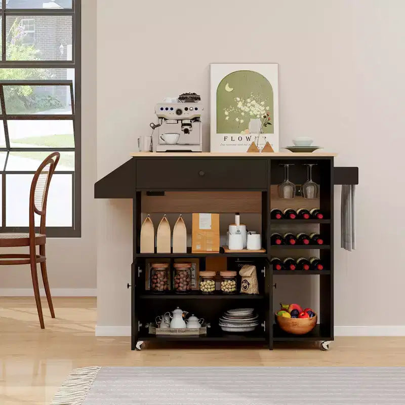 Costway Drop Leaf Kitchen Island Cart with Power Outlet Mobile Buffet Storage Cart with Microwave Shelf