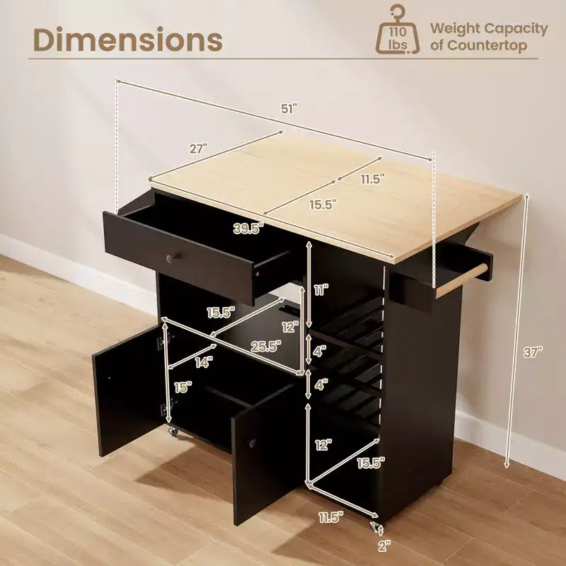 Costway Drop Leaf Kitchen Island Cart with Power Outlet Mobile Buffet Storage Cart with Microwave Shelf