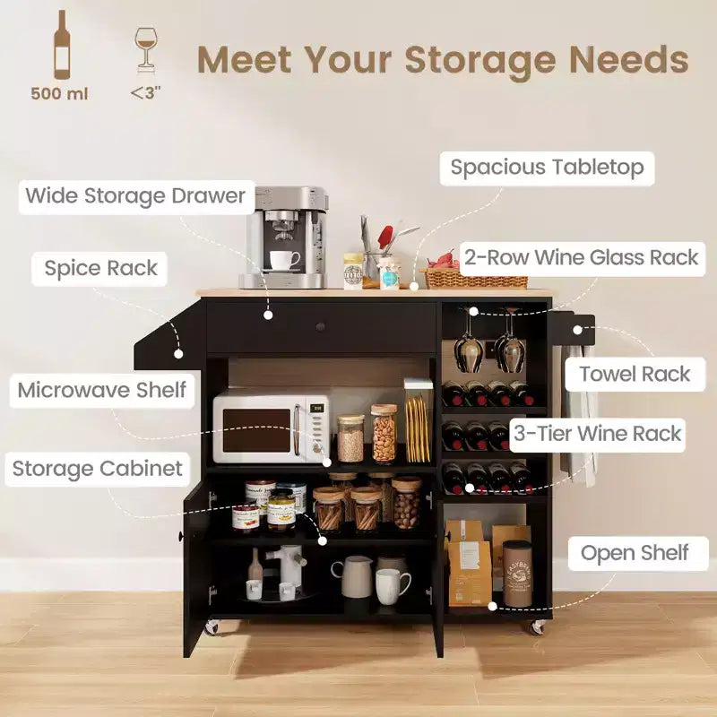 Costway Drop Leaf Kitchen Island Cart with Power Outlet Mobile Buffet Storage Cart with Microwave Shelf