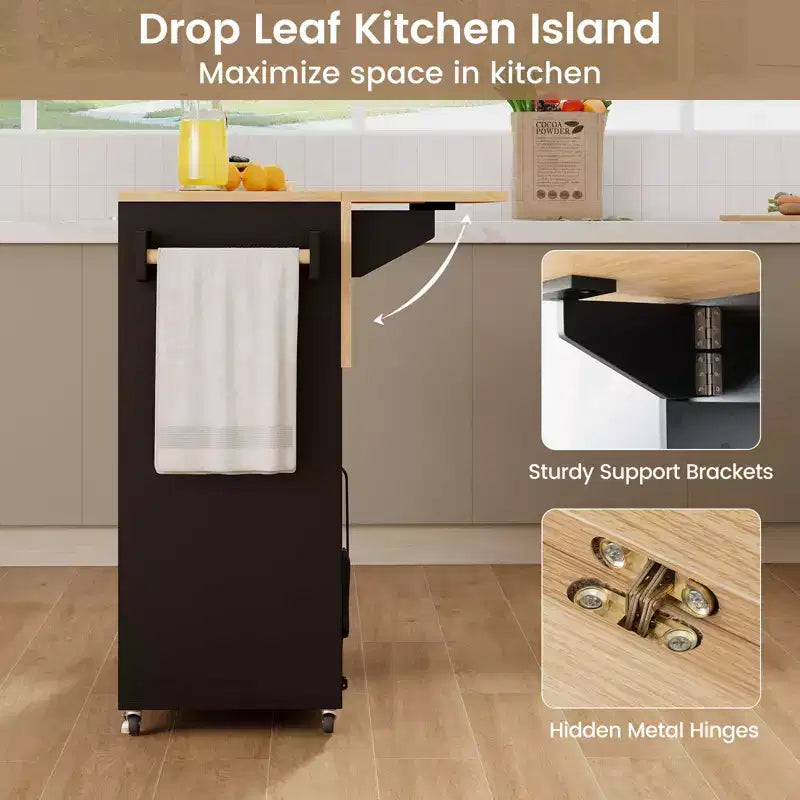 Costway Drop Leaf Kitchen Island Cart with Power Outlet Mobile Buffet Storage Cart with Microwave Shelf