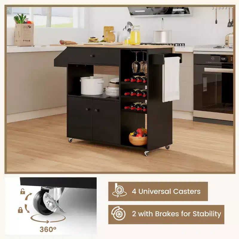 Costway Drop Leaf Kitchen Island Cart with Power Outlet Mobile Buffet Storage Cart with Microwave Shelf