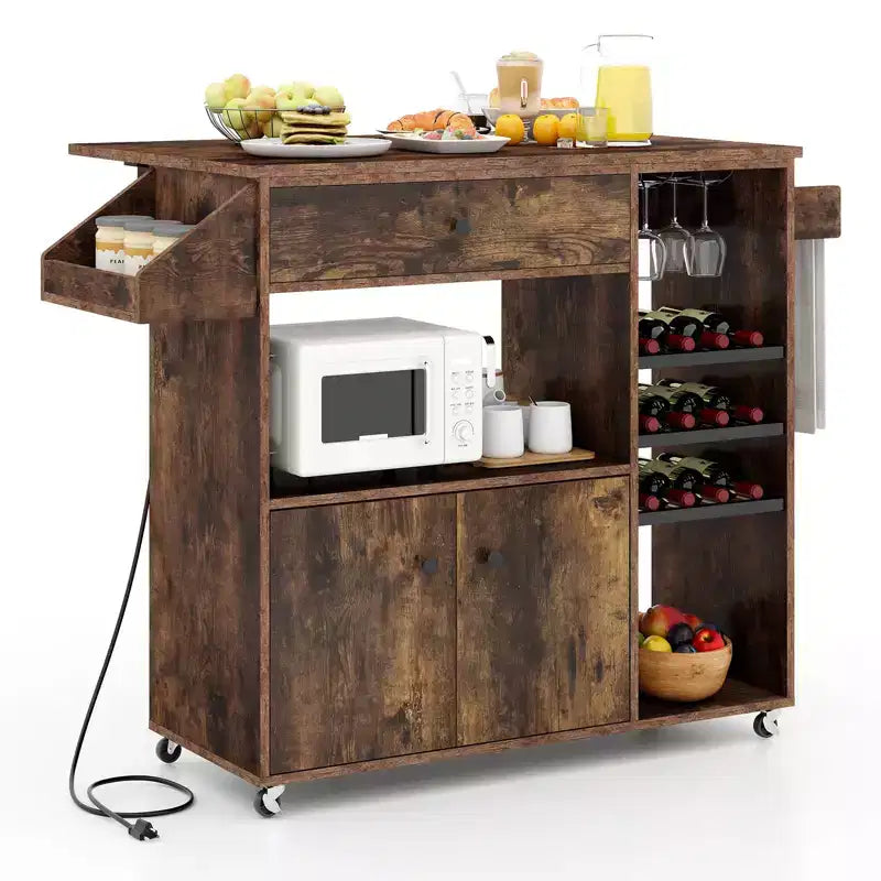 Costway Drop Leaf Kitchen Island Cart with Power Outlet Mobile Buffet Storage Cart with Microwave Shelf