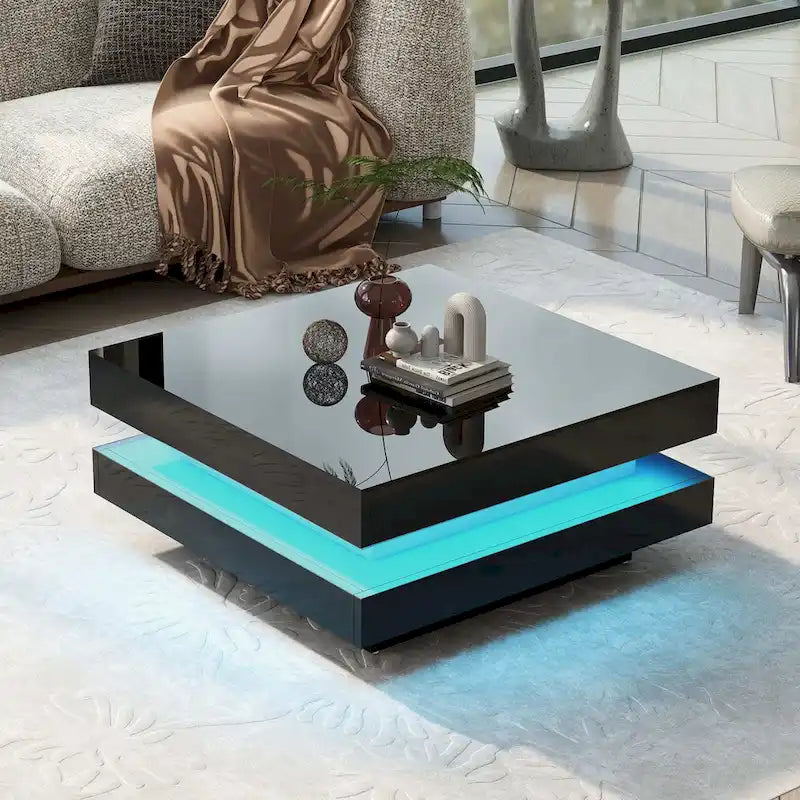 High Gloss Minimalist Design 2-Tier Square Coffee Table with Plug-in 16-color LED Lights Center Table for Living Room