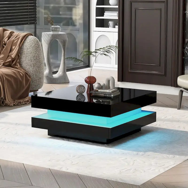 High Gloss Minimalist Design 2-Tier Square Coffee Table with Plug-in 16-color LED Lights Center Table for Living Room