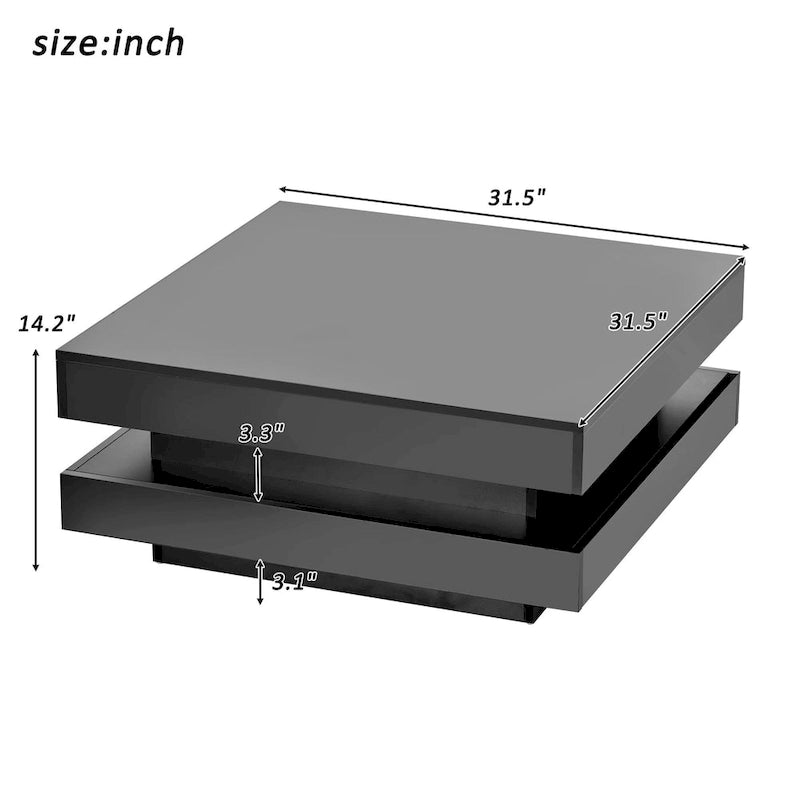 High Gloss Minimalist Design 2-Tier Square Coffee Table with Plug-in 16-color LED Lights Center Table for Living Room