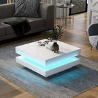 High Gloss Minimalist Design 2-Tier Square Coffee Table with Plug-in 16-color LED Lights Center Table for Living Room