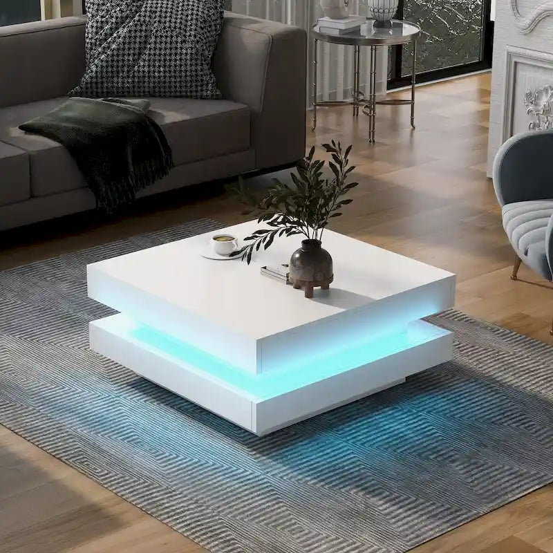 High Gloss Minimalist Design 2-Tier Square Coffee Table with Plug-in 16-color LED Lights Center Table for Living Room