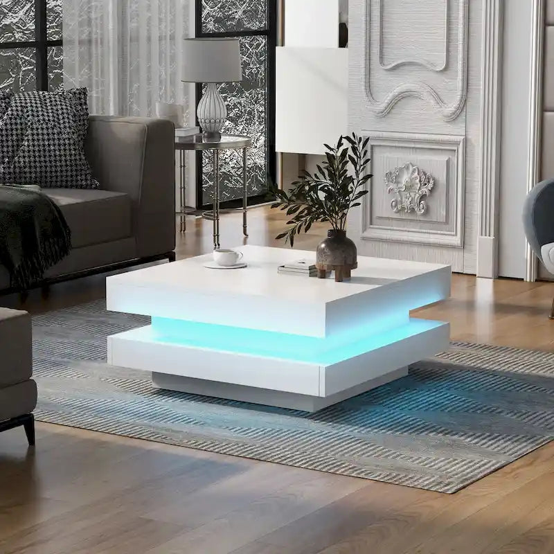 High Gloss Minimalist Design 2-Tier Square Coffee Table with Plug-in 16-color LED Lights Center Table for Living Room