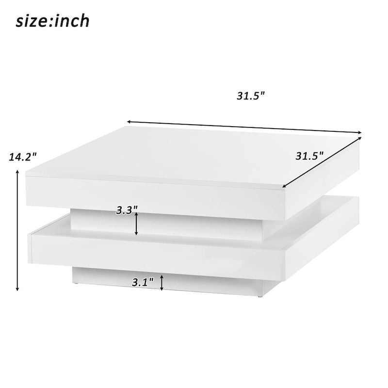 High Gloss Minimalist Design 2-Tier Square Coffee Table with Plug-in 16-color LED Lights Center Table for Living Room