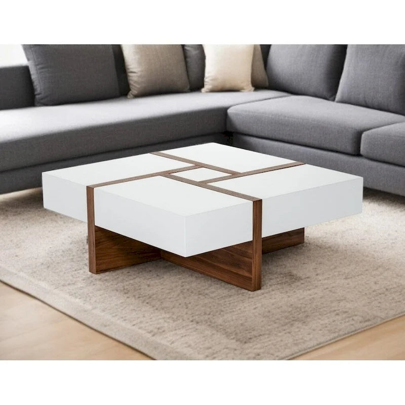 Table basse carrée moderne blanche et noyer avec rangement