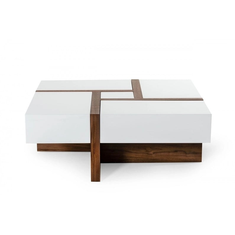 Table basse carrée moderne blanche et noyer avec rangement
