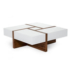 Table basse carrée moderne blanche et noyer avec rangement