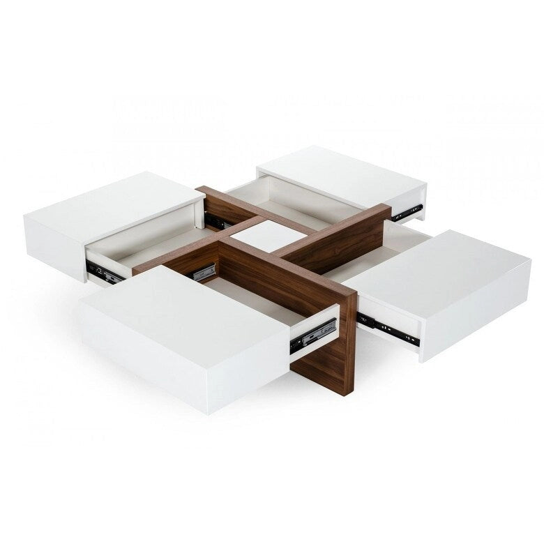 Table basse carrée moderne blanche et noyer avec rangement